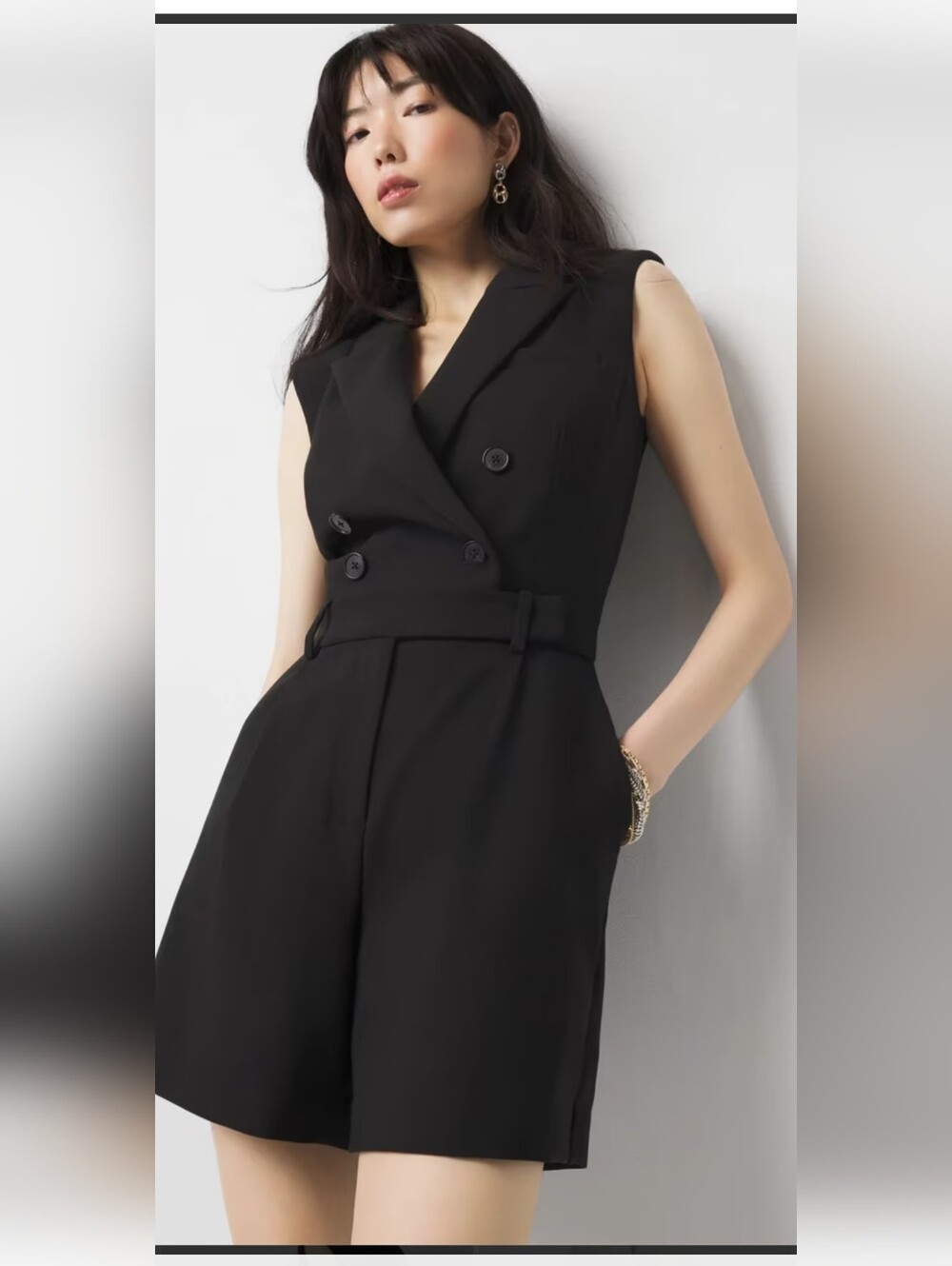White House Black Market Black Double-Breasted Sleeveless Jumpsuit Romper